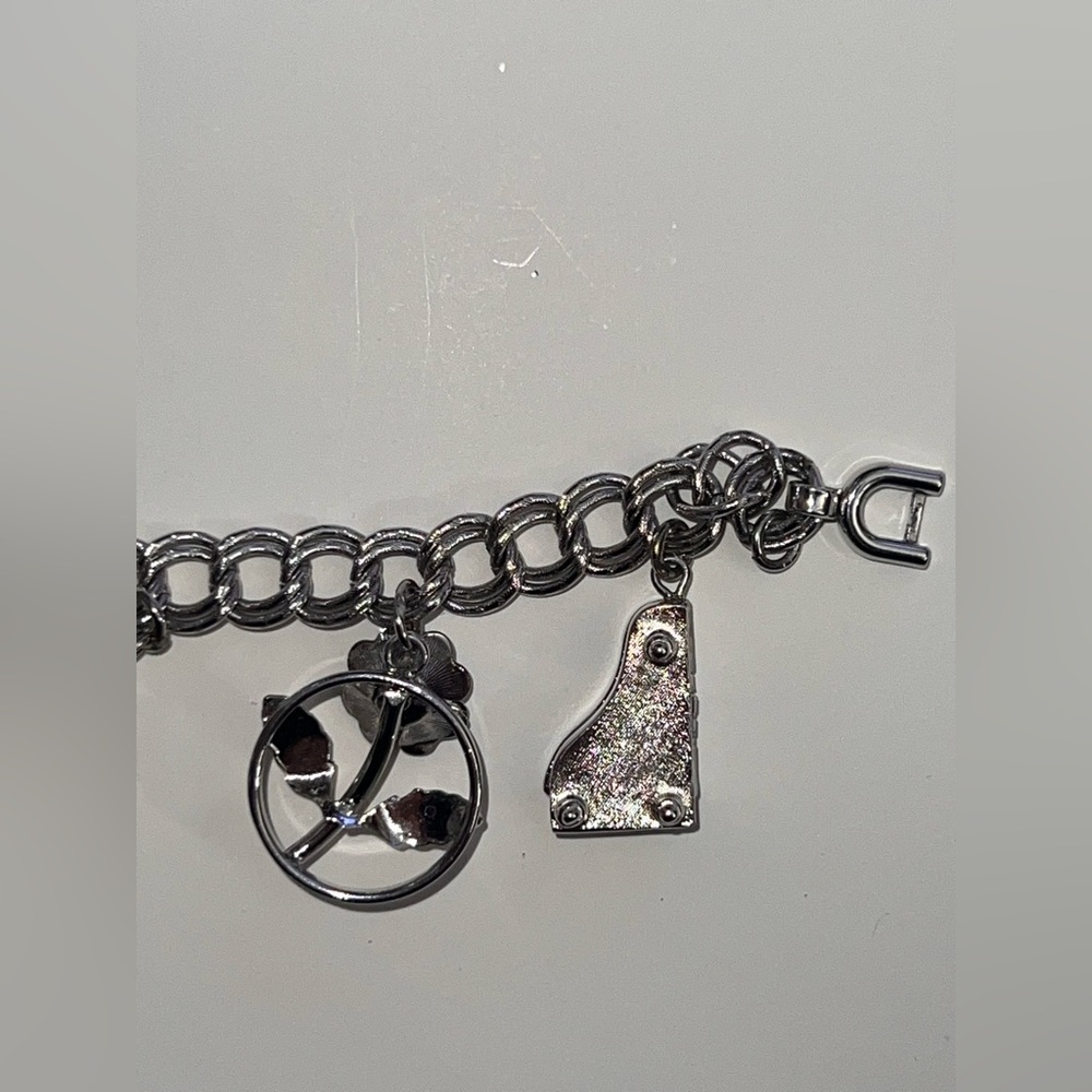Monet Vintage Silver Charm Bracelet Mechanical Piano and Sterling Silver Charms - Picture 9 of 17
